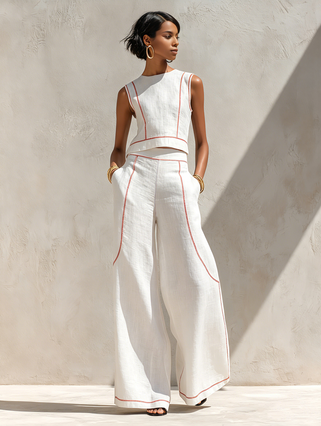 Conjunto de Lino Valeria™ – Elegancia Natural con Costuras en Contrast