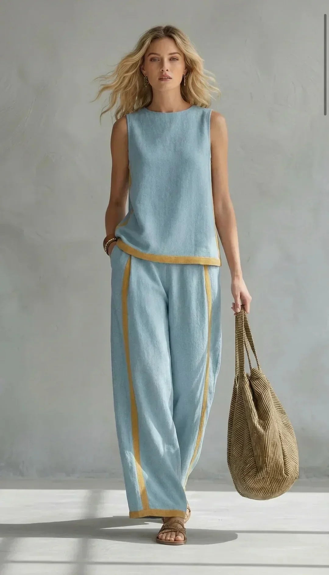 Conjunto de Lino Valeria™ – Elegancia Natural con Costuras en Contrast