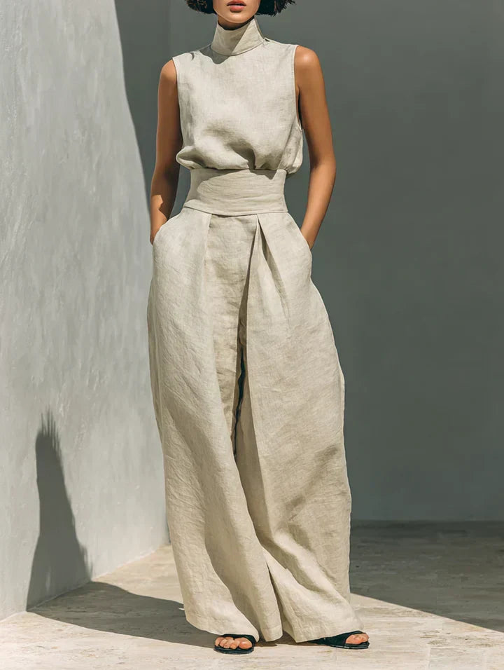 Flor™ | Conjunto minimalista de top y pantalones de pierna ancha en algodón y lino para mujer