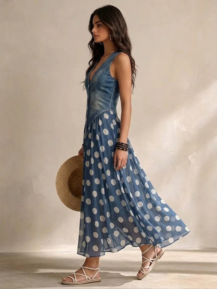 Valeria™ | Vestido Vaquero Elegante con Falda de Gasa de Lunares