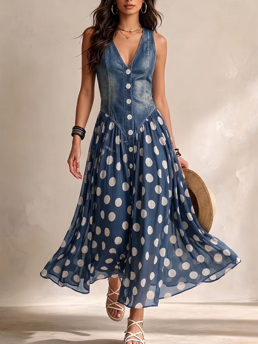 Valeria™ | Vestido Vaquero Elegante con Falda de Gasa de Lunares