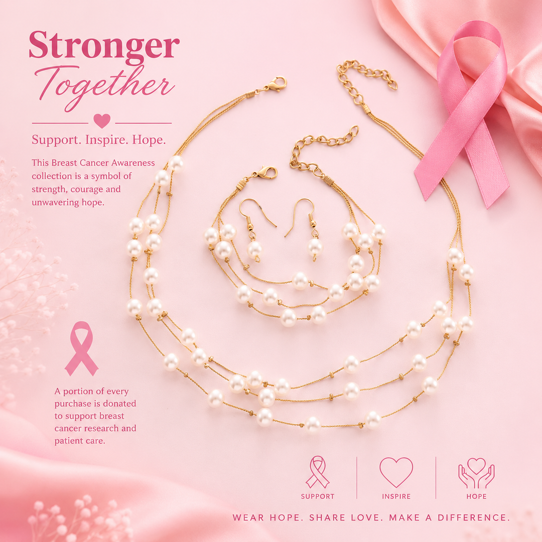 Breast Cancer Awareness | Romantic 3-Piece Pearl Jewellery Set | 1+1 Free Today