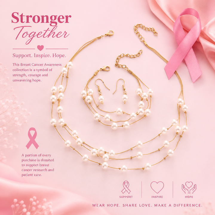Breast Cancer Awareness | Romantic 3-Piece Pearl Jewellery Set | 1+1 Free Today
