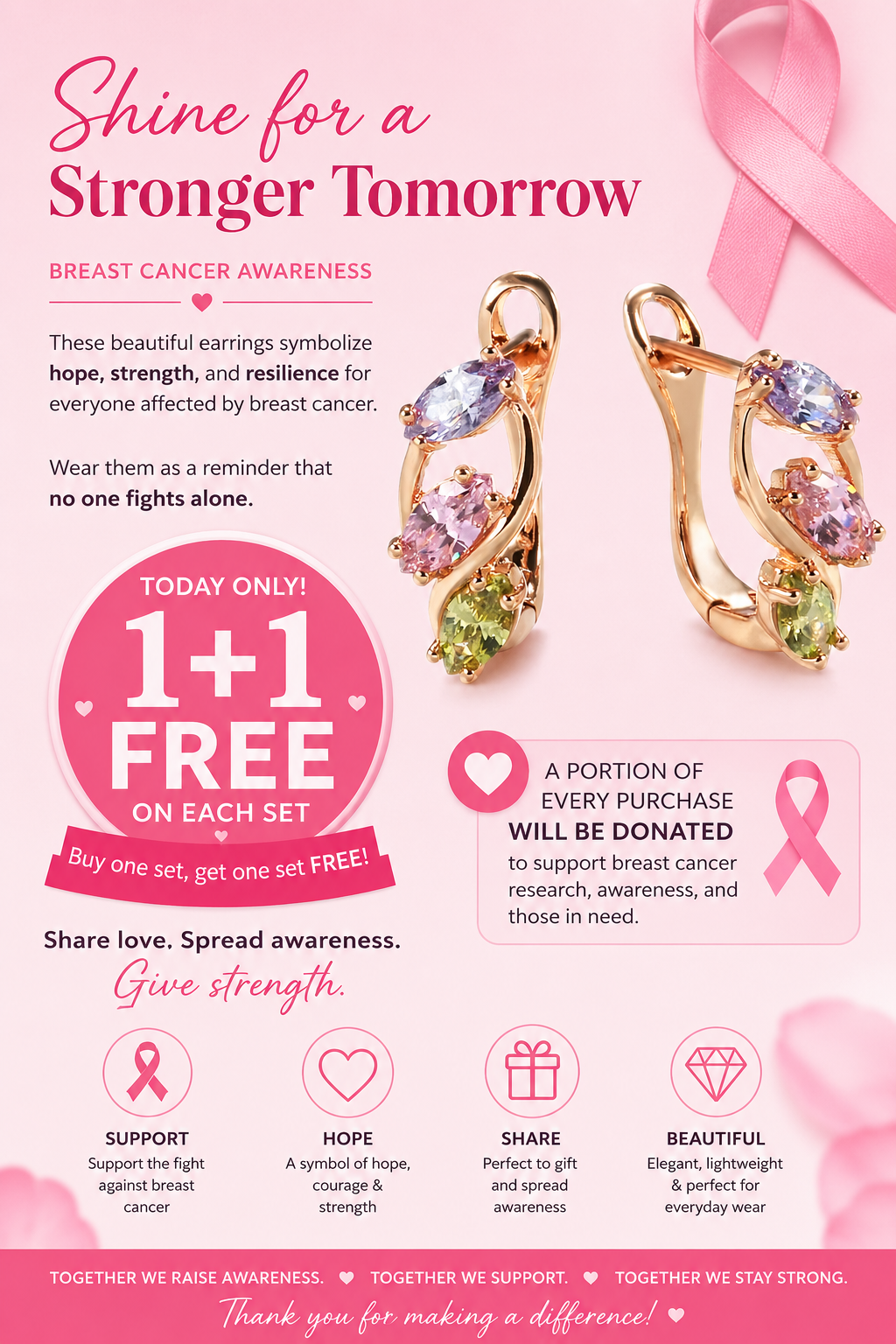 Breast Cancer Awareness | Elegant Colourful Zircon Hoop Earrings | 1+1 Free