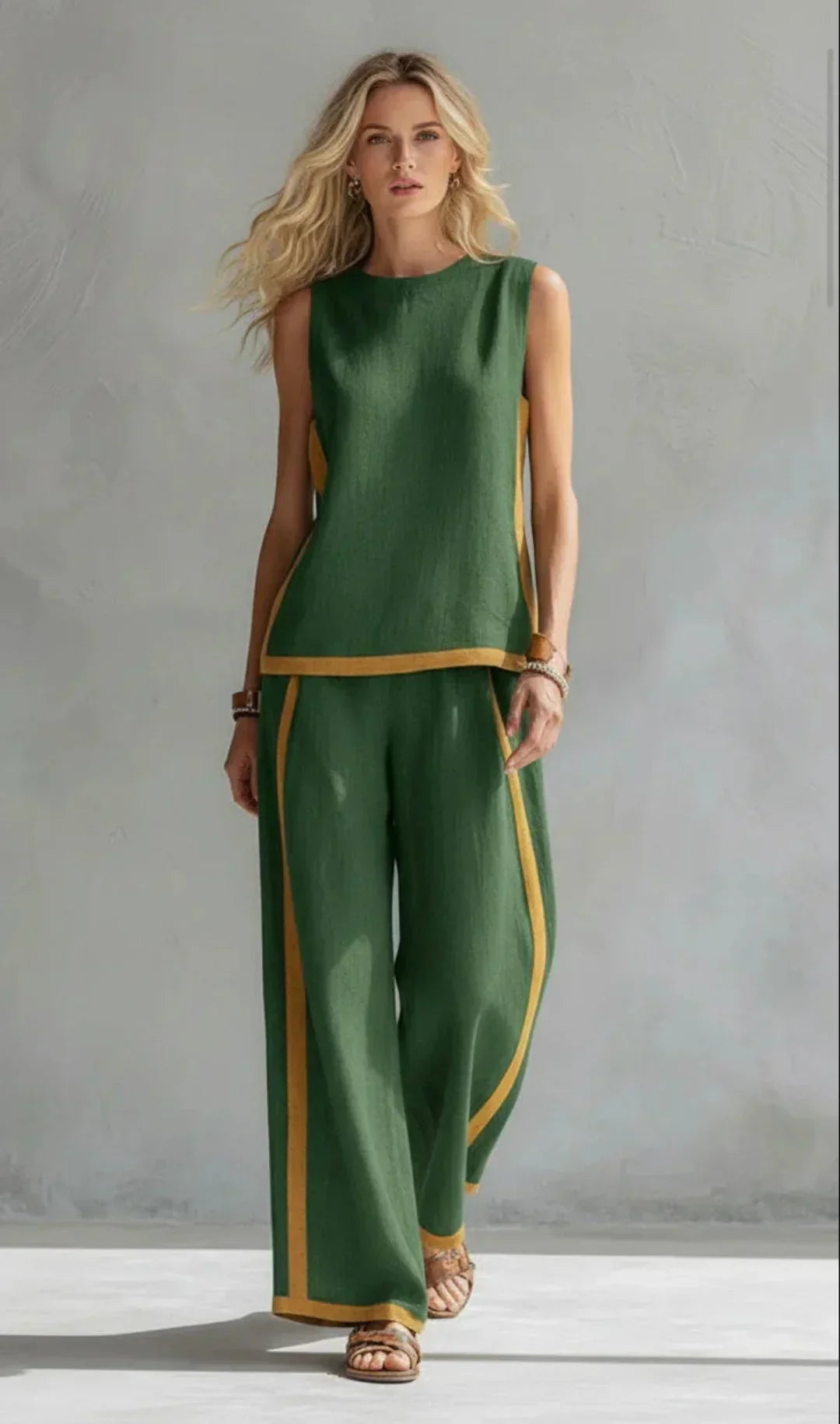 Conjunto de Lino Valeria™ – Elegancia Natural con Costuras en Contrast