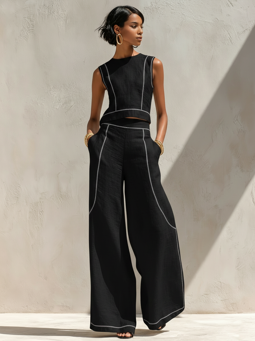 Conjunto de Lino Valeria™ – Elegancia Natural con Costuras en Contrast