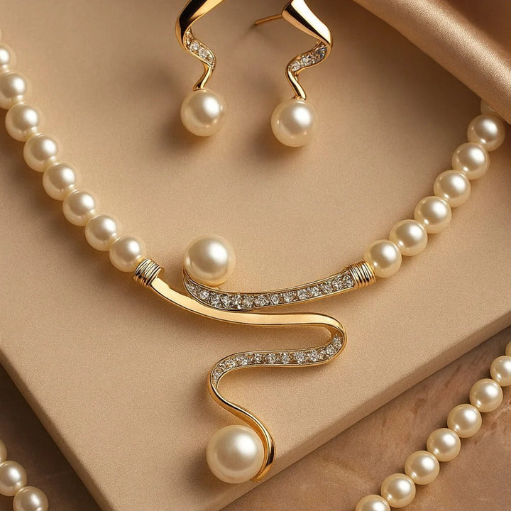 Breast Cancer Awareness Set | Golden Pearl Set Earrings + Necklace | 1+1 Free Today
