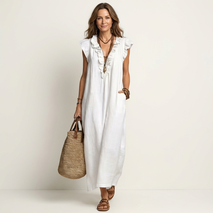 Elena™ | Vestido Largo con Cuello en V y Volantes