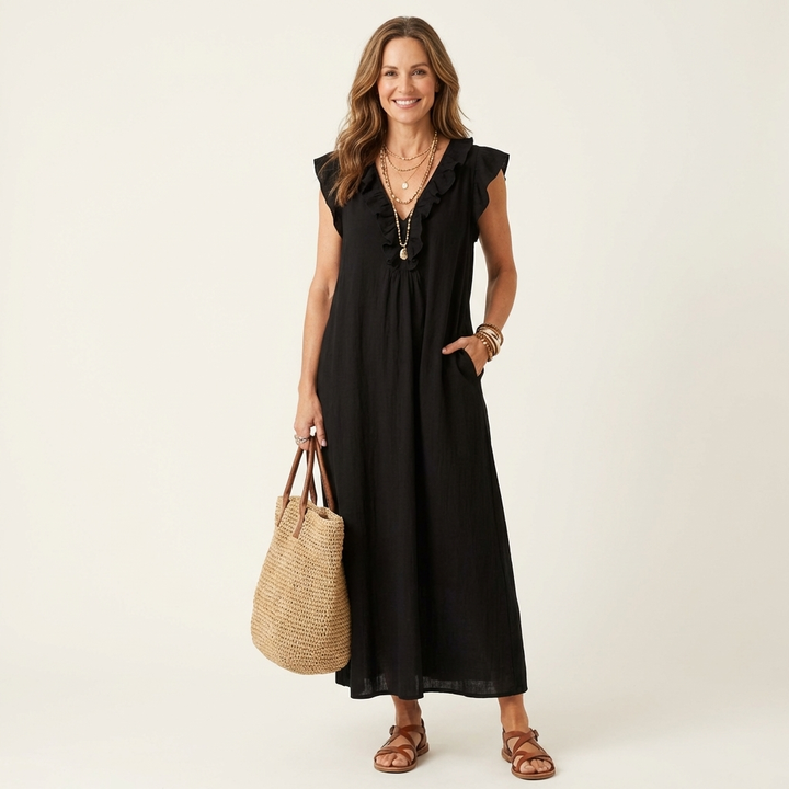 Elena™ | Vestido Largo con Cuello en V y Volantes