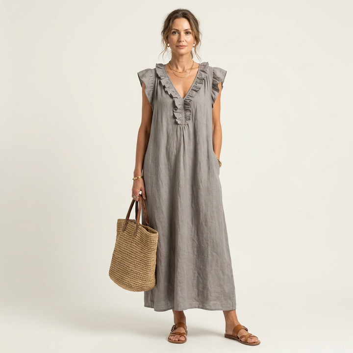 Elena™ | Vestido Largo con Cuello en V y Volantes