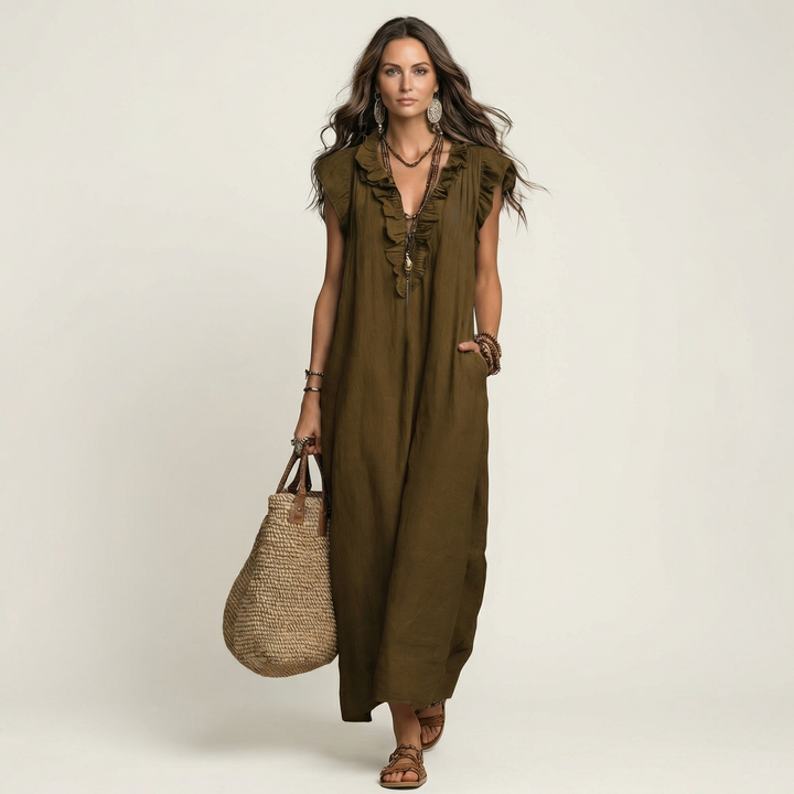 Elena™ | Vestido Largo con Cuello en V y Volantes
