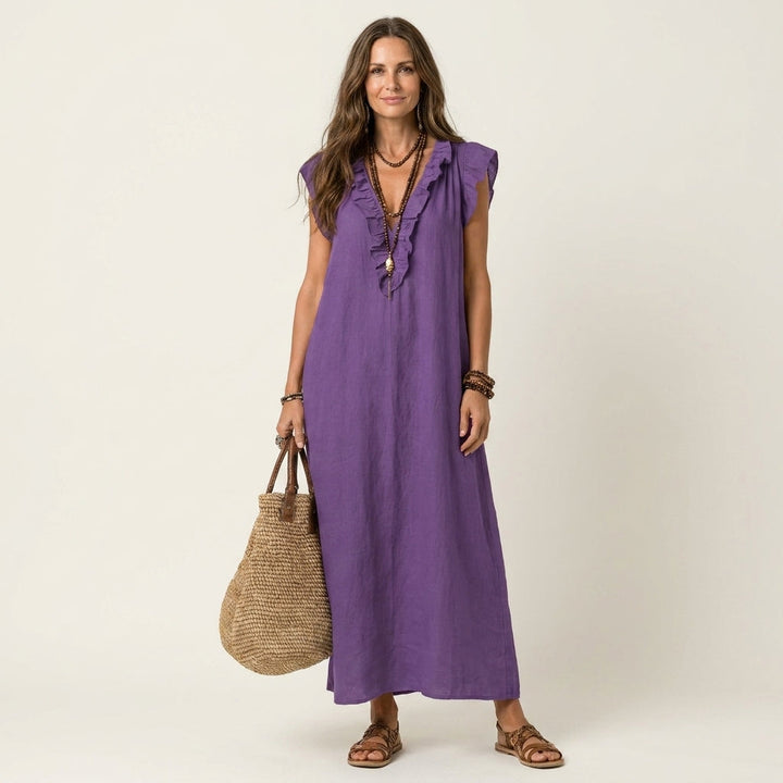 Elena™ | Vestido Largo con Cuello en V y Volantes