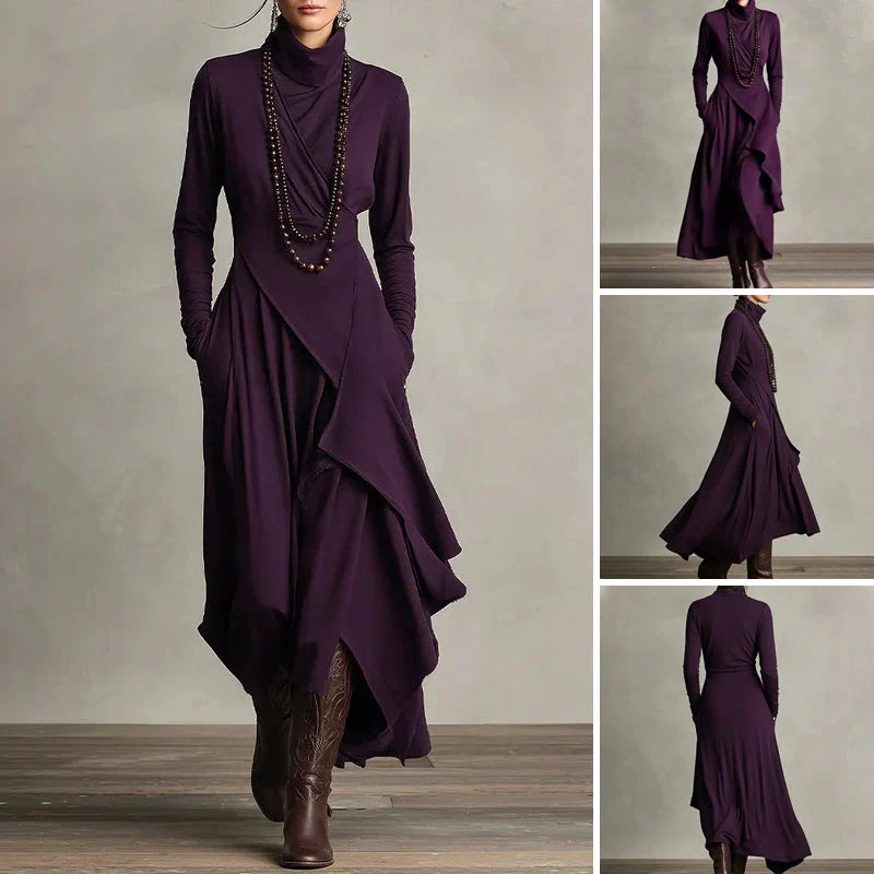 Elena - Vestido maxi elegante con cuello alto y drapeado asimétrico