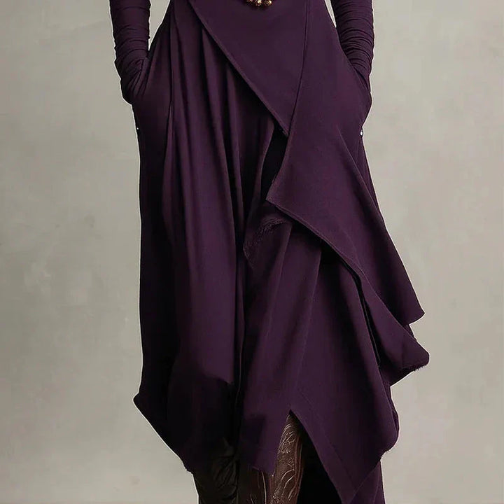 Elena - Vestido maxi elegante con cuello alto y drapeado asimétrico