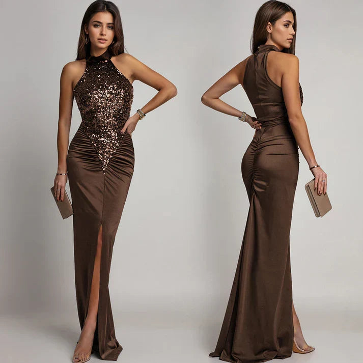 Victoria - Vestido halter con abertura y lentejuelas